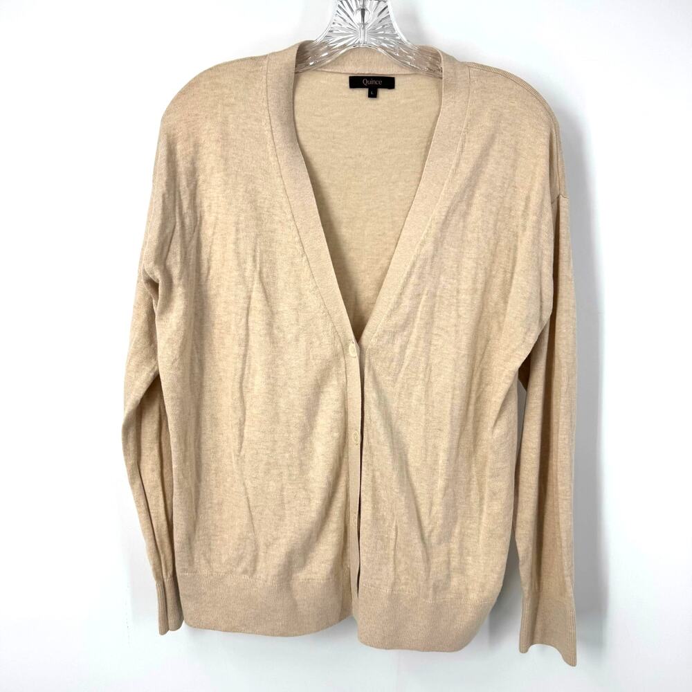 Quince Lightweight Cotton Cashmere Cardigan Sweater L Heather Oatmeal Capsule